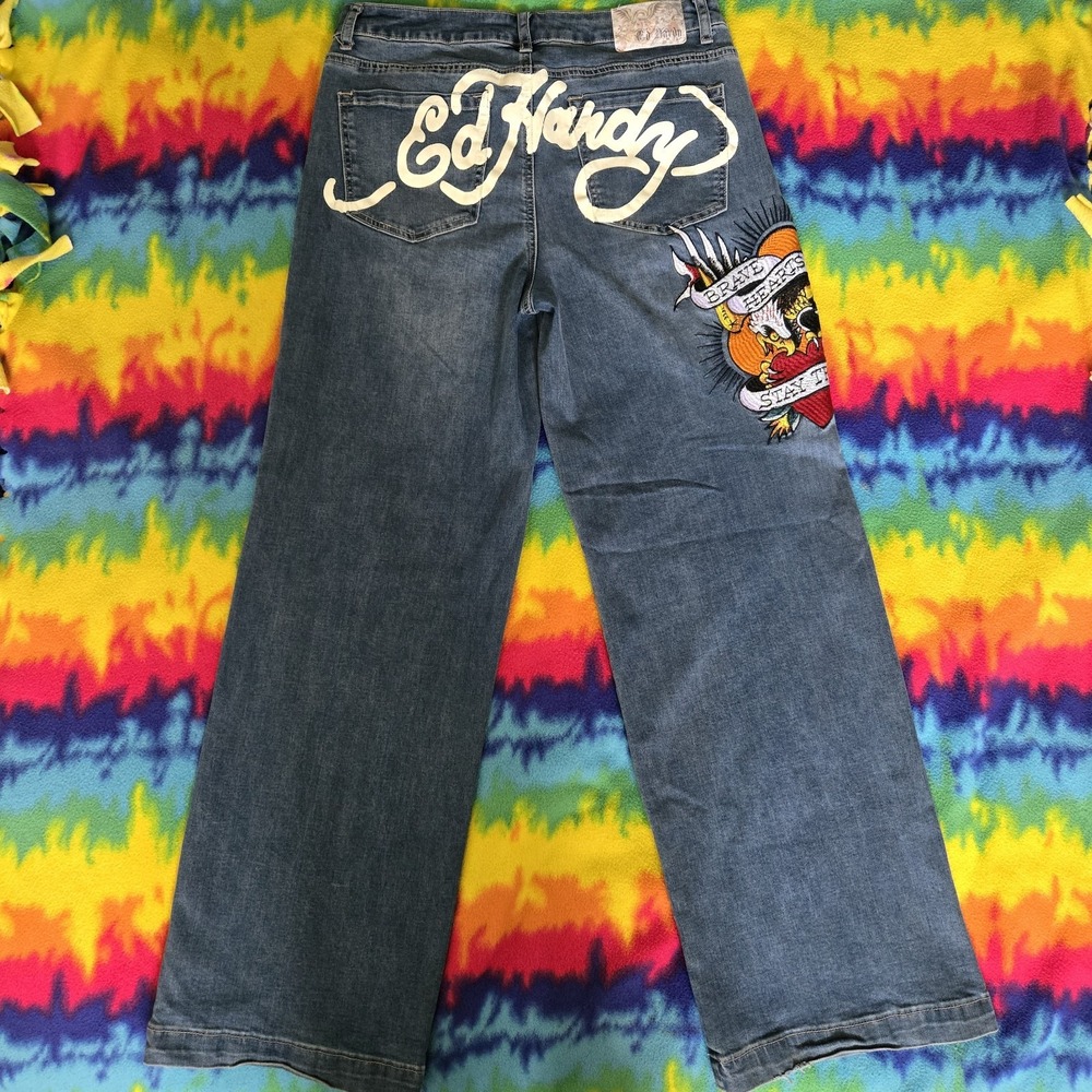 Vintage Women's Size 30 Ed Hardy Brave Hearts Eagle Wide Leg Jeans